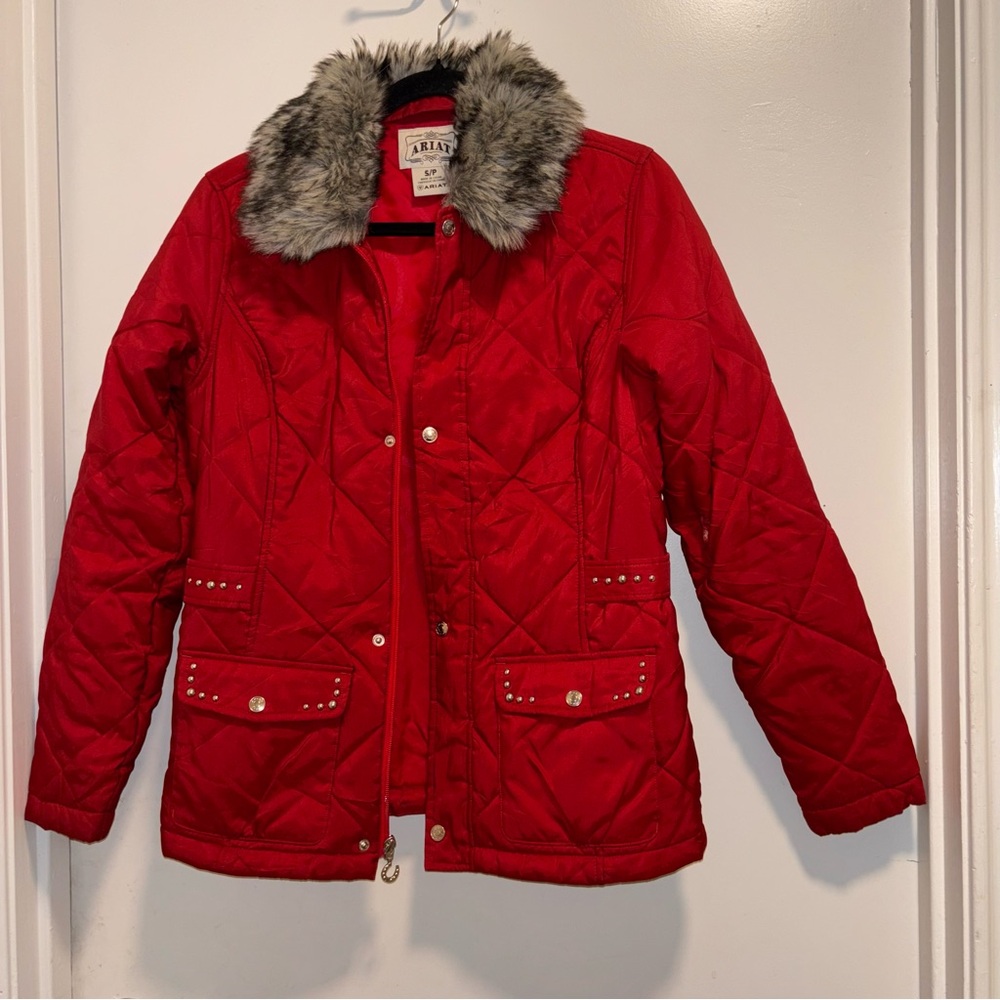 ARIAT Red Quilted Puffer Coat Light Jacket w/Faux Fur Collar Size S/P